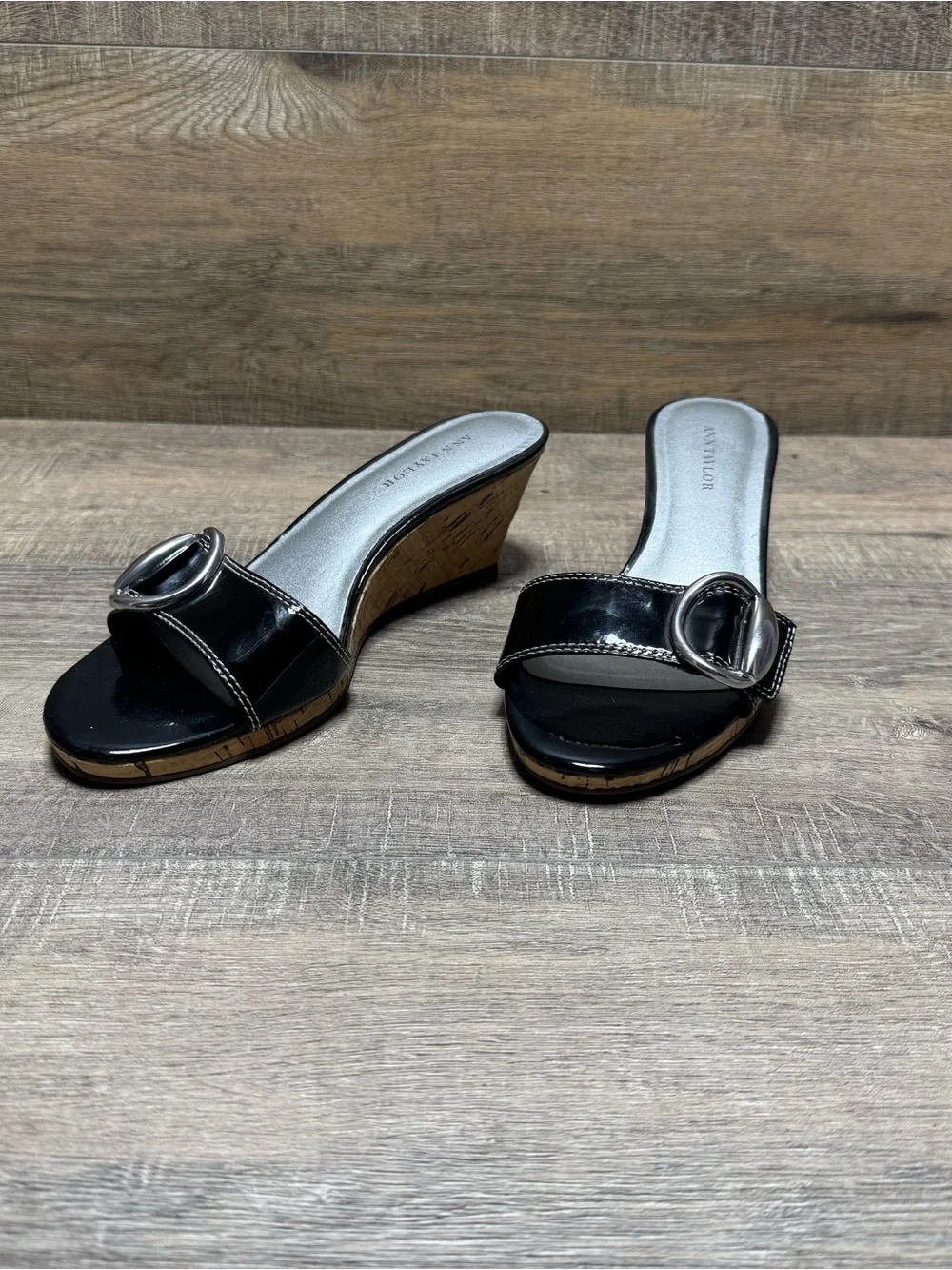 Ann Taylor Black Patent Cork Wedge Slide Sandals